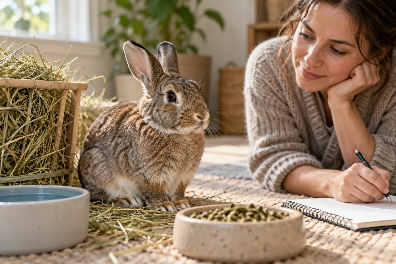 Caretaker calmly observing a rabbit near its hay, water and daily notes.