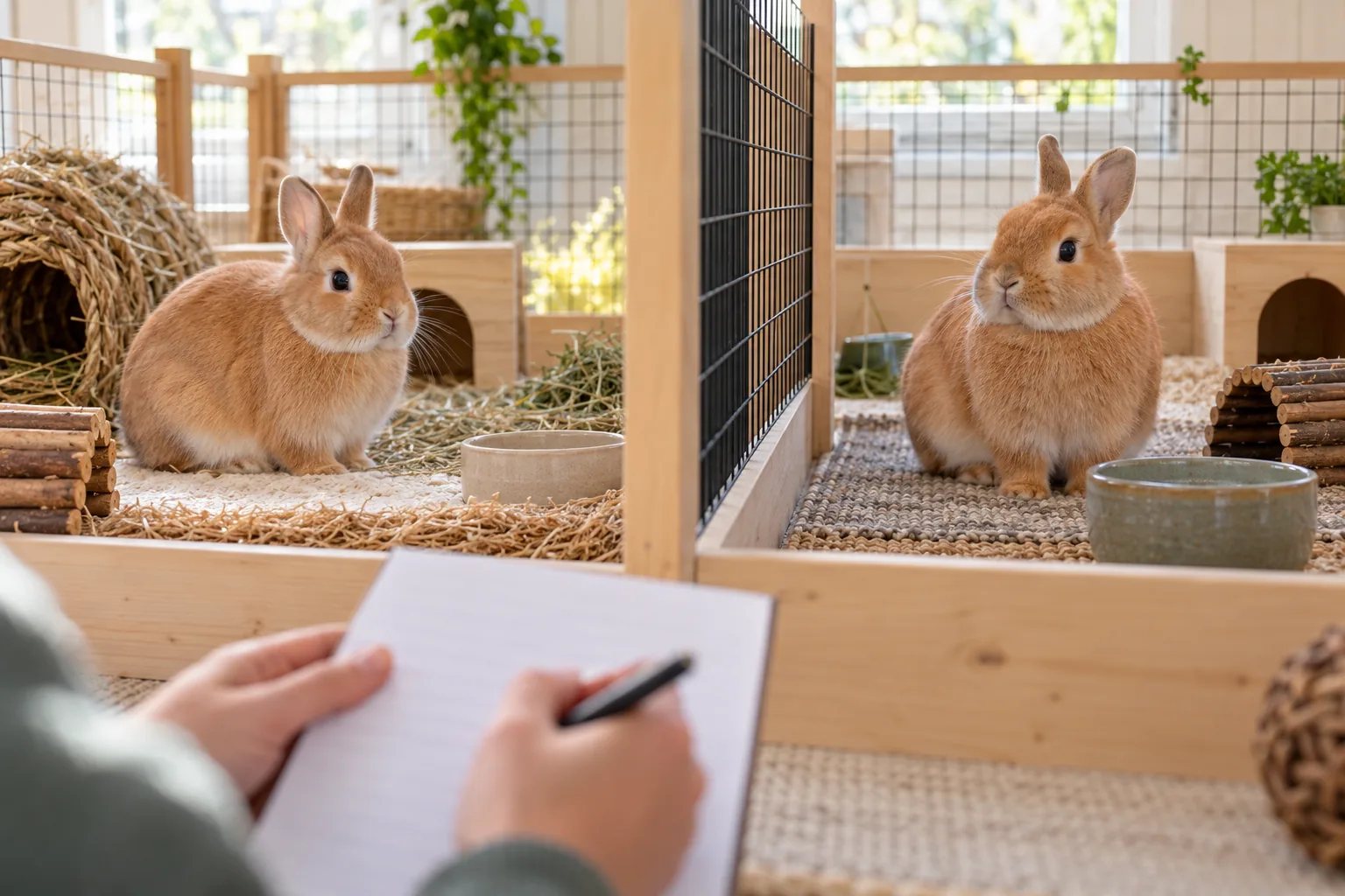 Two calm fawn Netherland Dwarf rabbits housed separately while a breeder reviews a blank planning record.