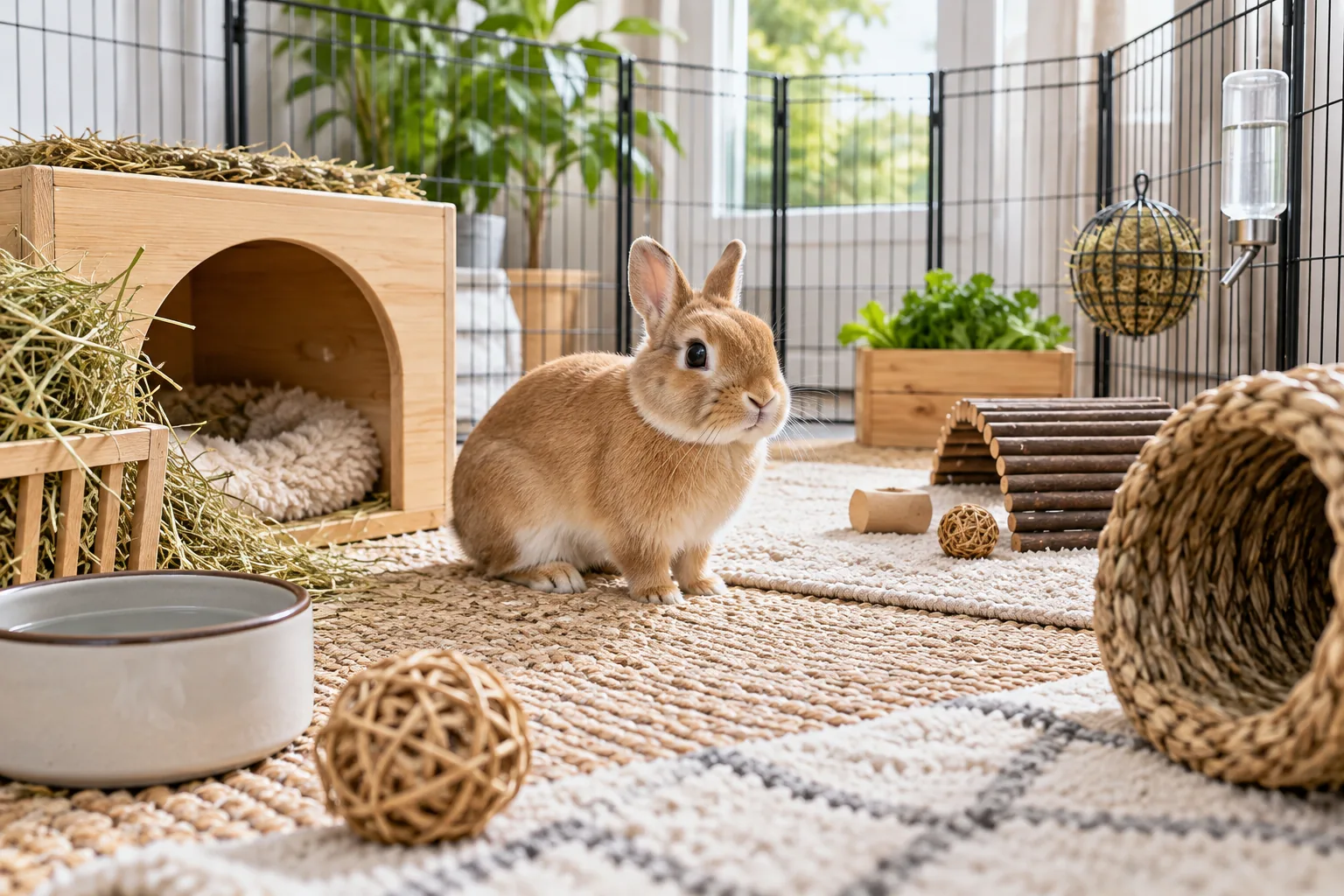 Rabbit in a roomy, clean exercise pen with dry resting area, hay, water and a secure hide.