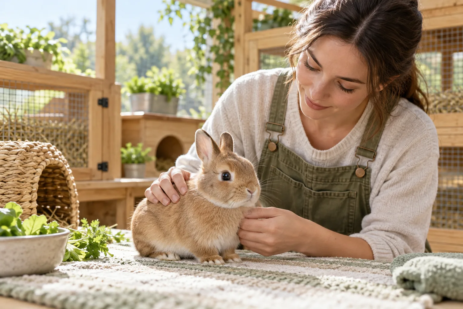 Illustration of a calm fawn Netherland Dwarf rabbit receiving a gentle health check in a bright rabbitry.