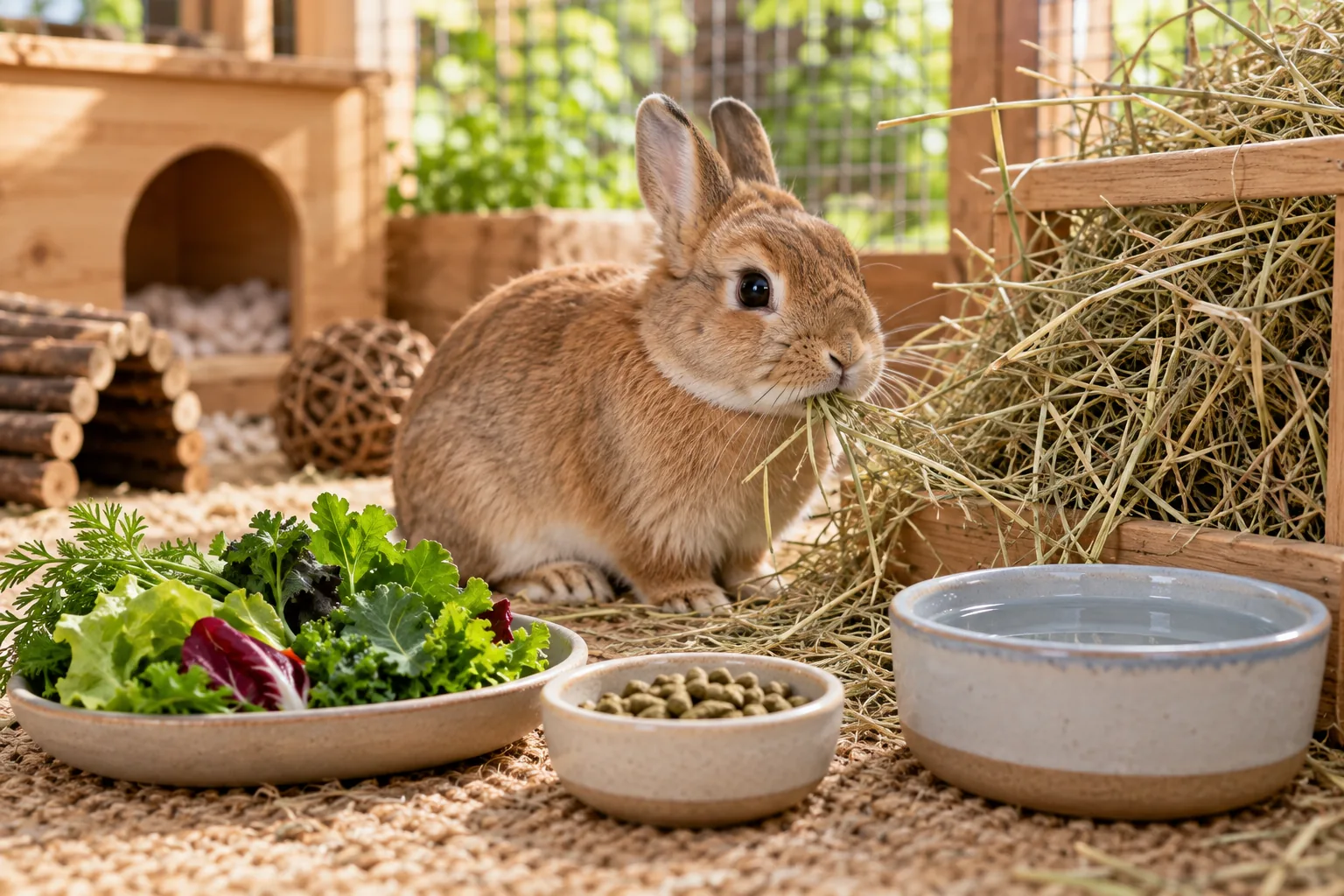 Healthy rabbit beside clean hay, leafy greens and a carefully measured food portion.