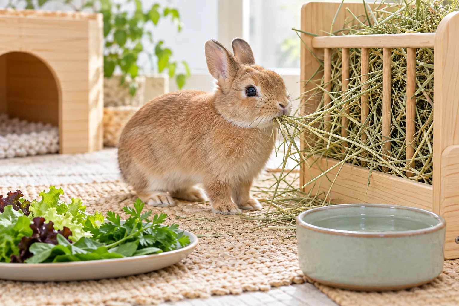 Illustration of a fawn Netherland Dwarf rabbit eating clean grass hay beside a hay rack and water bowl.