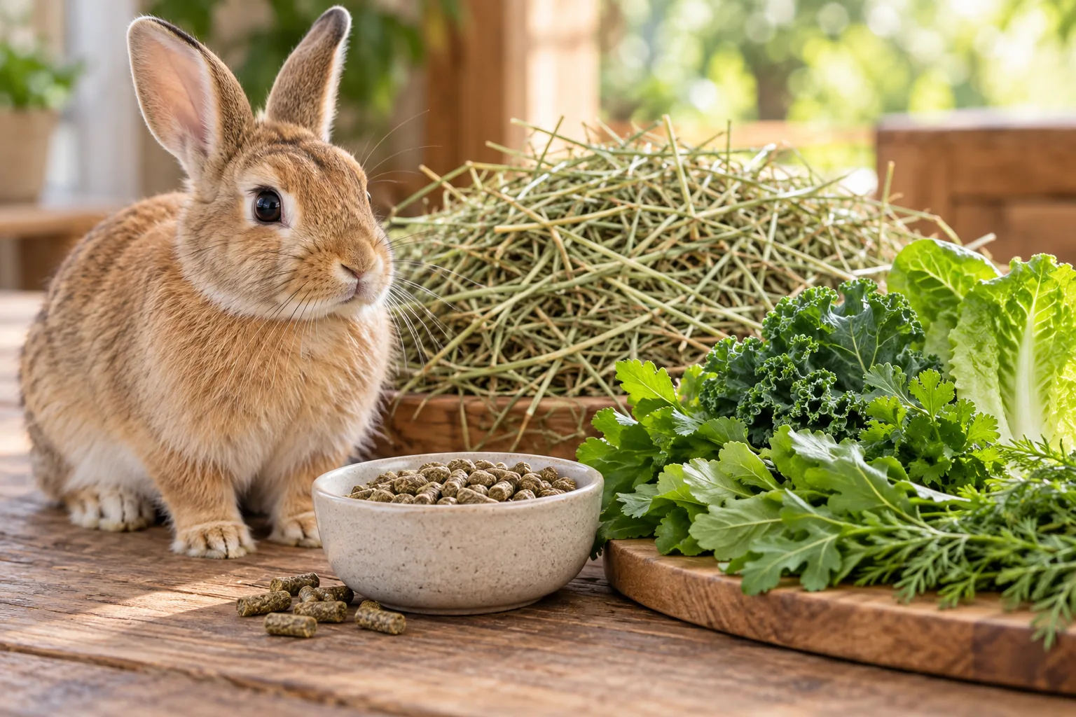 Healthy fawn rabbit eating hay beside fresh water, leafy greens and a measured pellet portion.
