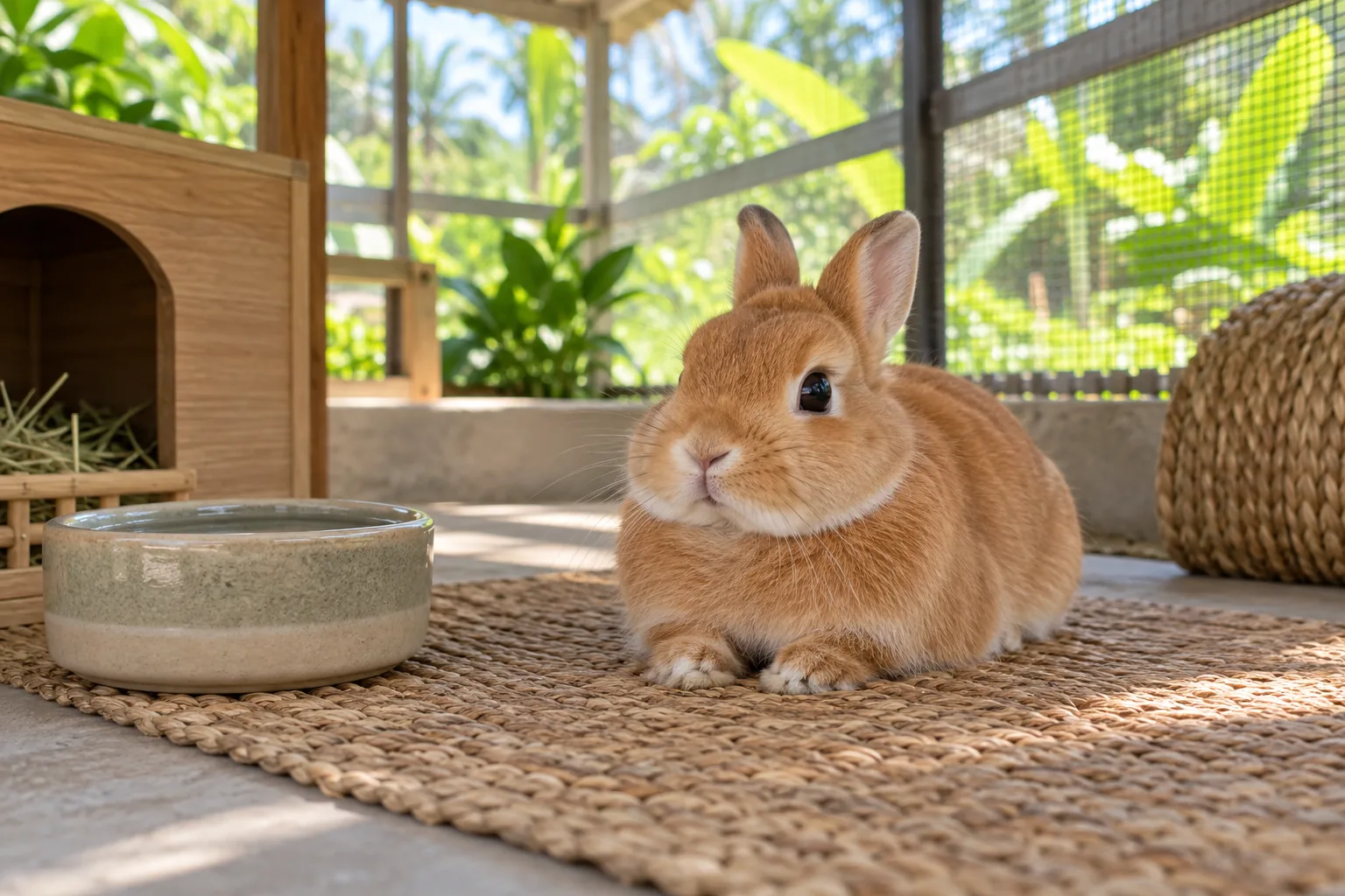Healthy fawn Netherland Dwarf resting comfortably in a shaded, well-ventilated rabbitry beside fresh water.