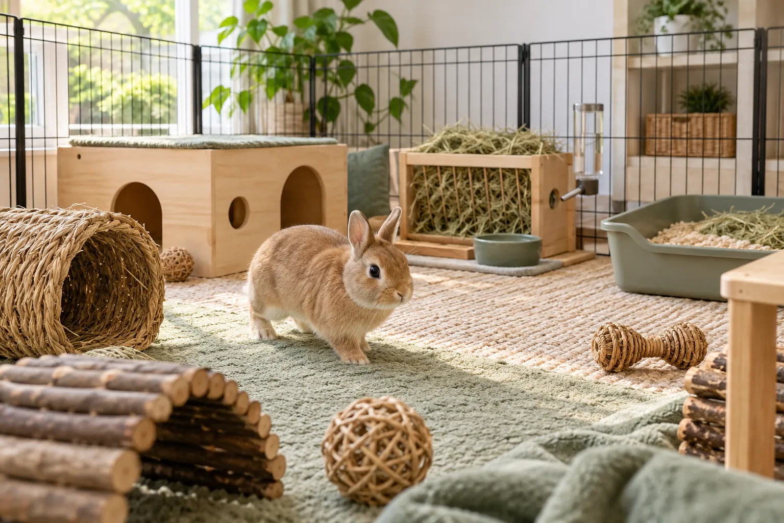 Illustration of a fawn Netherland Dwarf rabbit resting in a roomy exercise pen with a hide and open floor space.