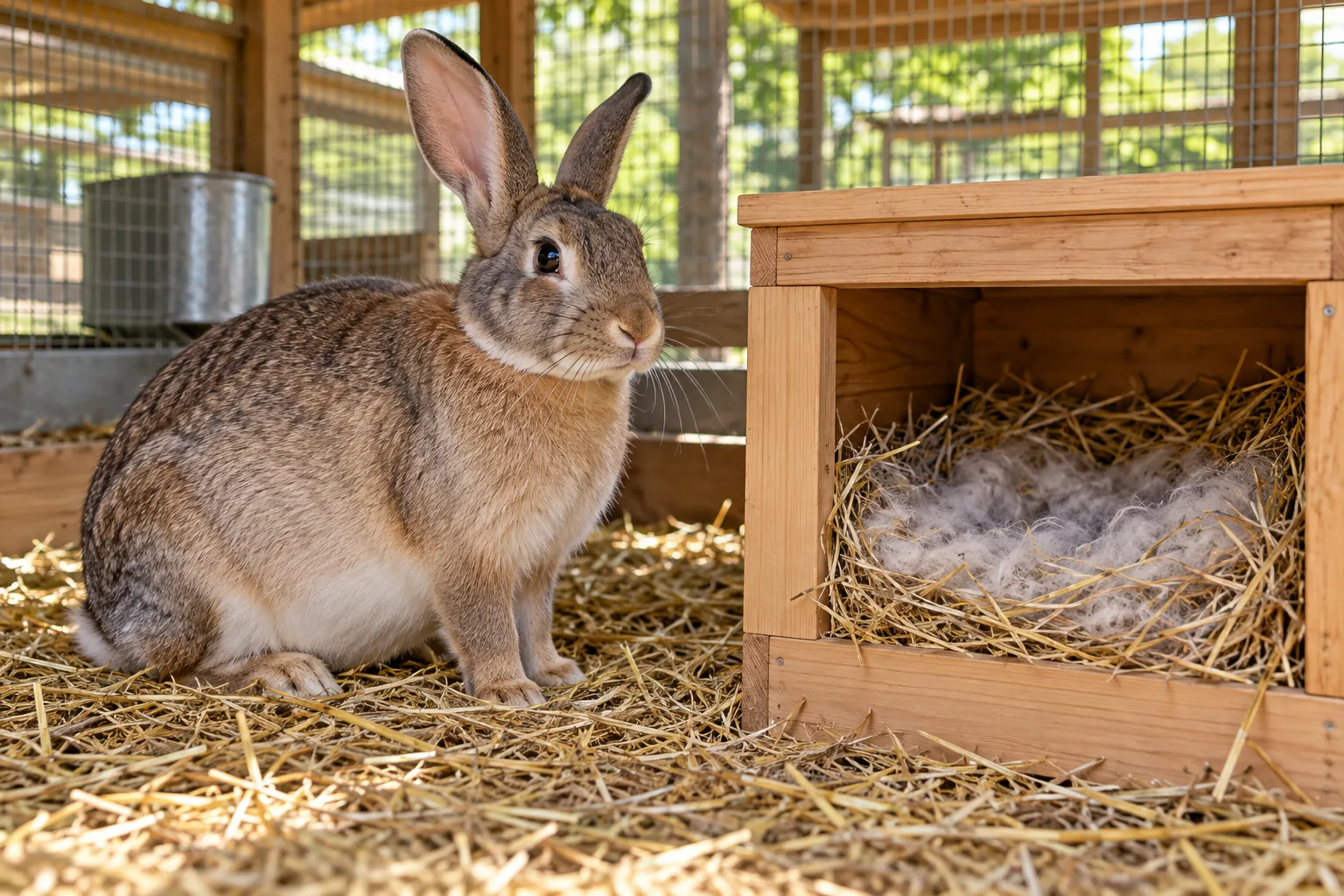Calm doe beside a clean nest box prepared with hay and safe nesting material.