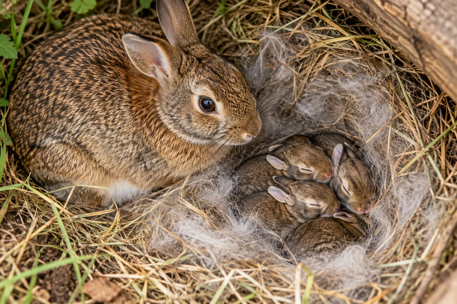 Doe resting beside a warm, tidy nest with newborn kits safely nestled together.
