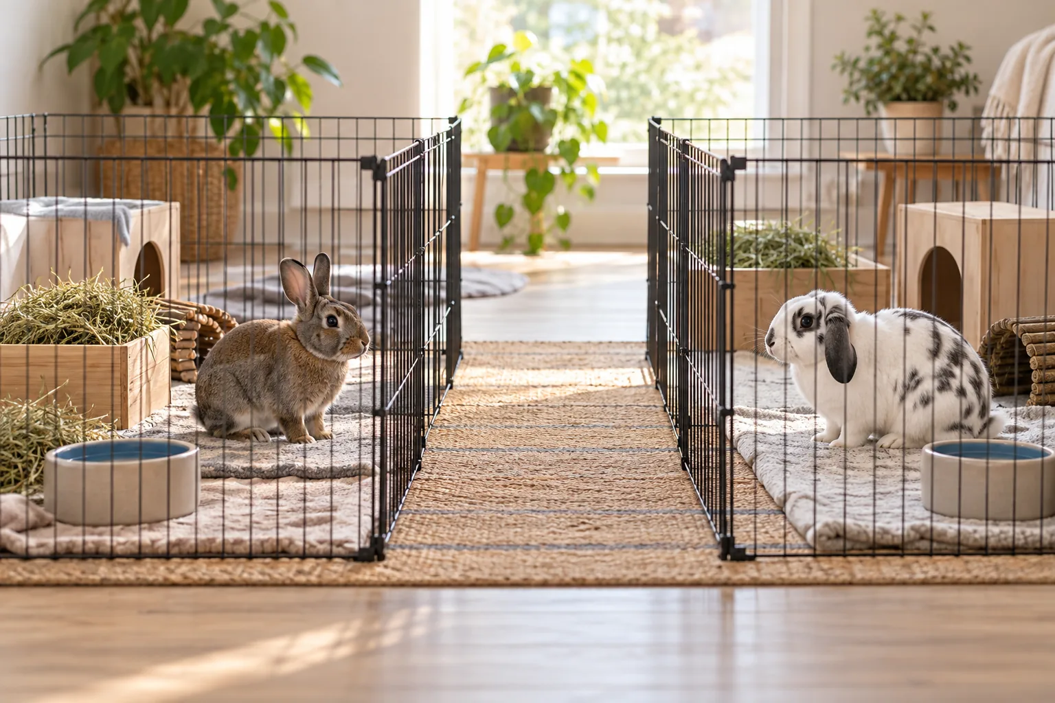 Two rabbits resting separately in clean, spacious pens during a gradual introduction plan.