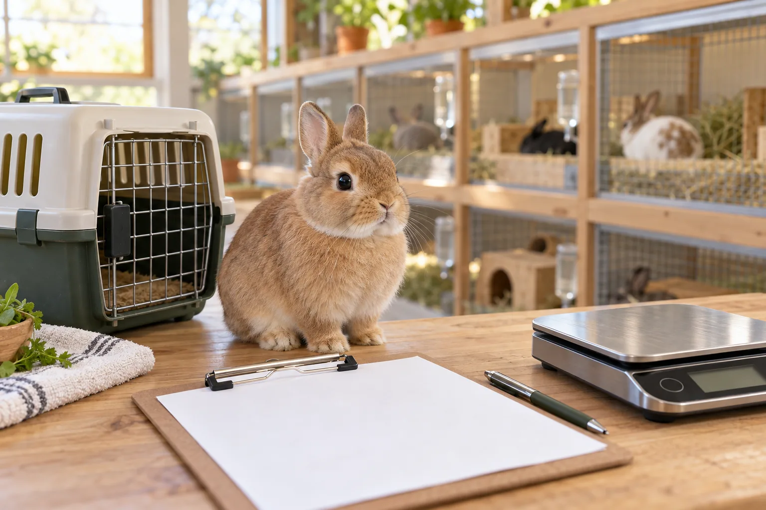Healthy fawn rabbit beside a blank record sheet, a clipboard and a digital scale in a clean rabbitry.