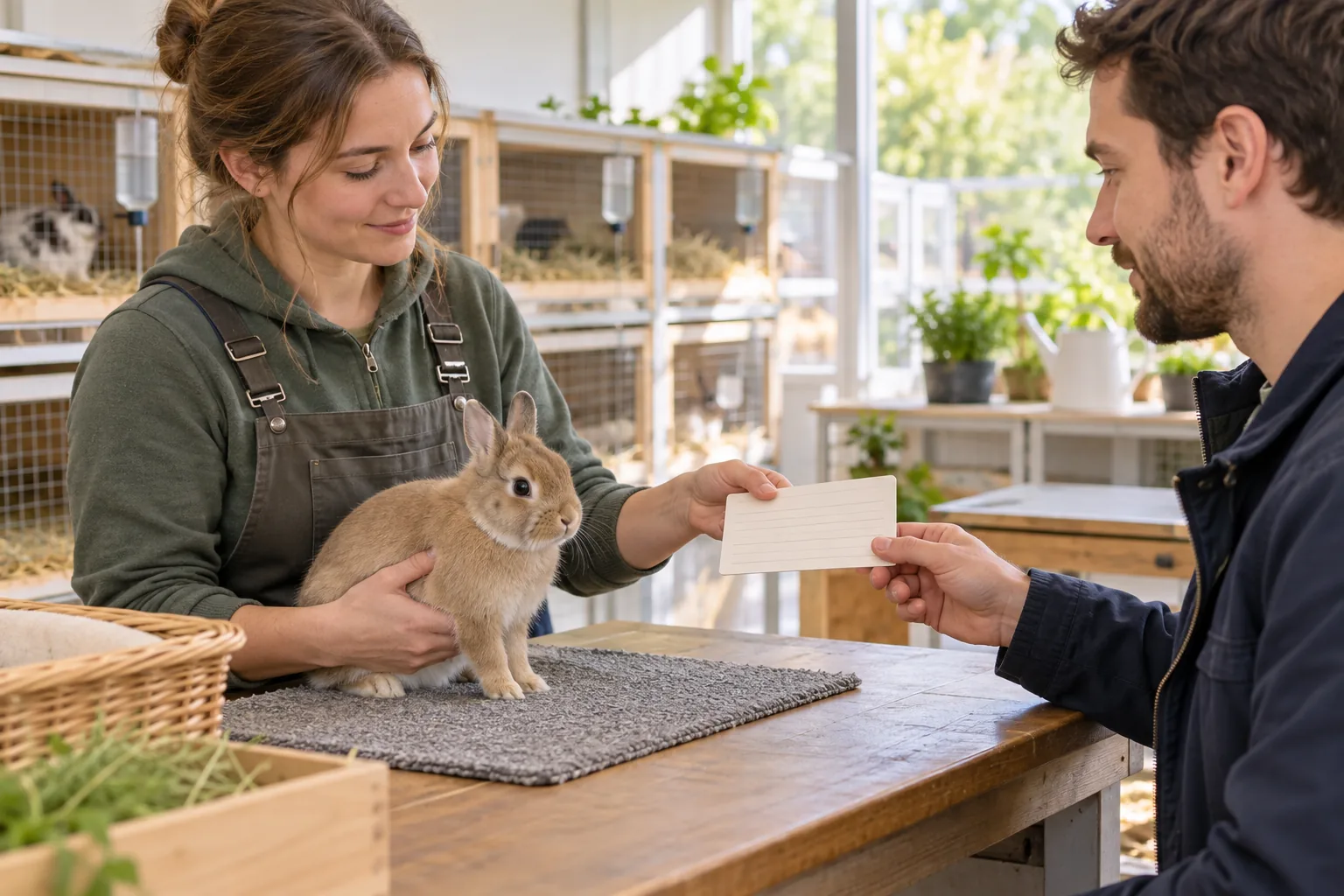 Buyer and seller reviewing rabbit records together while a calm rabbit is safely supported.