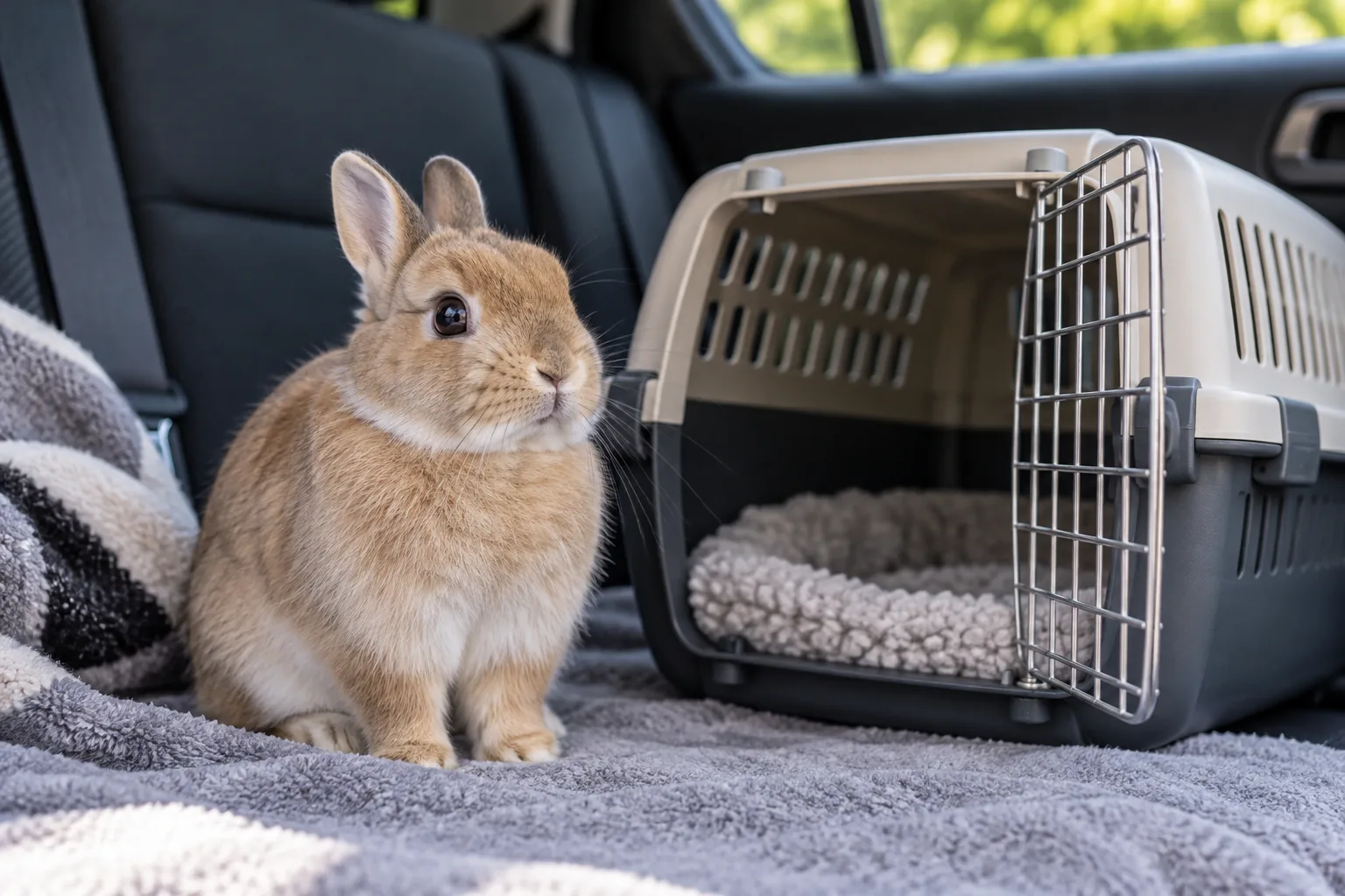 Calm rabbit beside a secure, well-ventilated carrier prepared for travel.