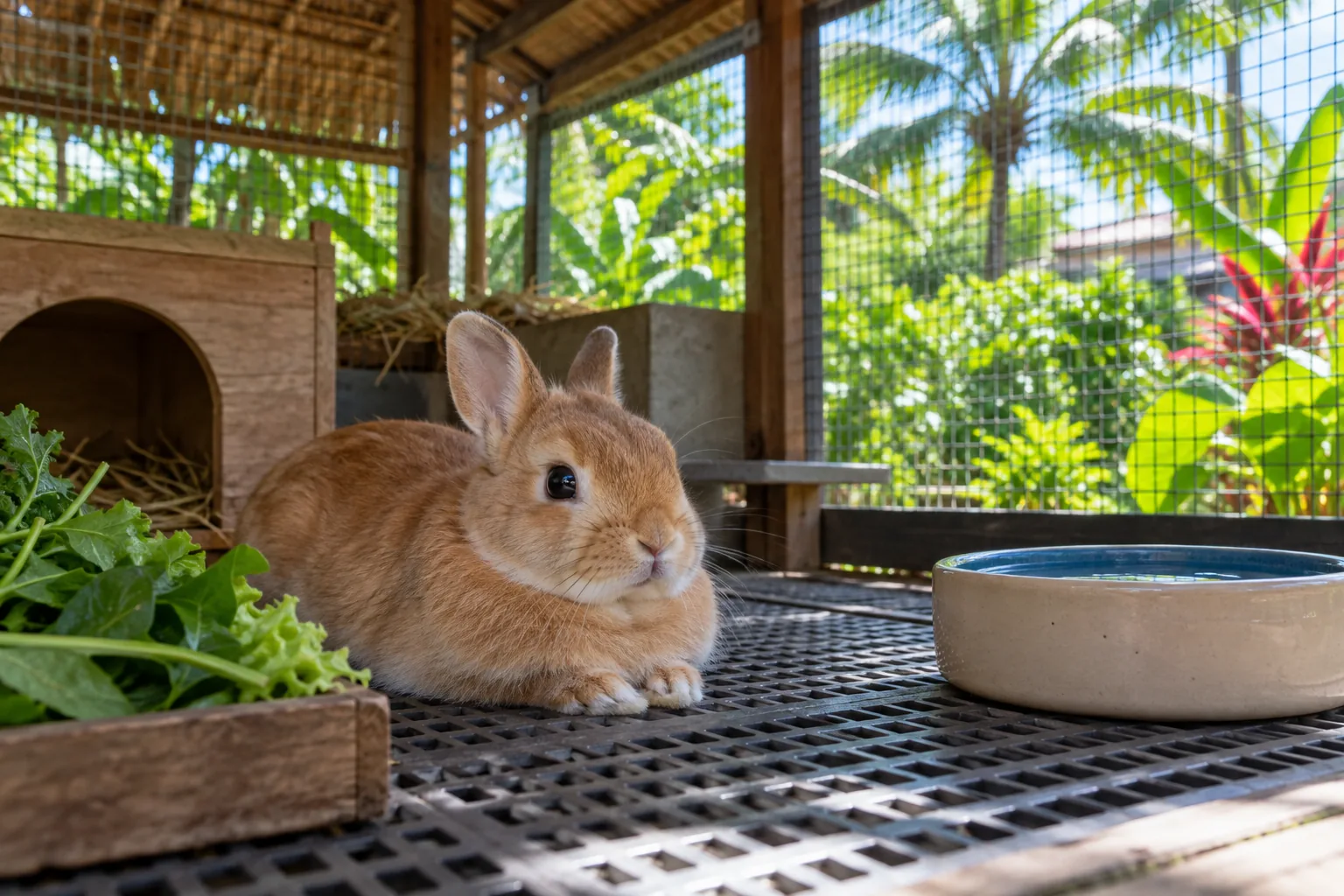 Healthy rabbit resting in a shaded, airy tropical rabbitry with fresh water.