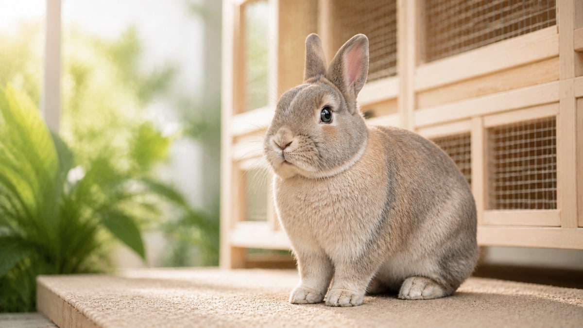 Confident Lynx Netherland Dwarf rabbit at a bright professional tropical rabbitry