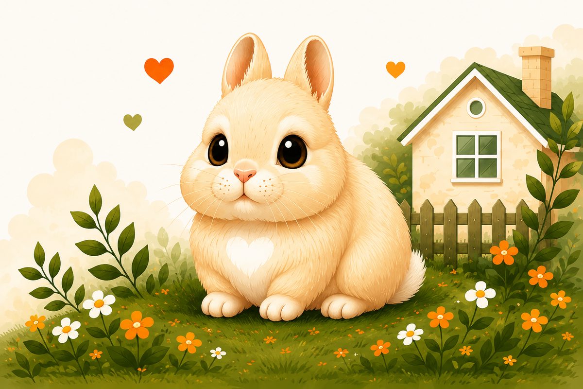 Cream Netherland Dwarf RabbitTrust mascot in a garden